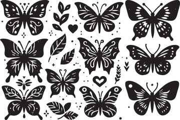 Free vector hand drawn butterflies silhouette set within white background.