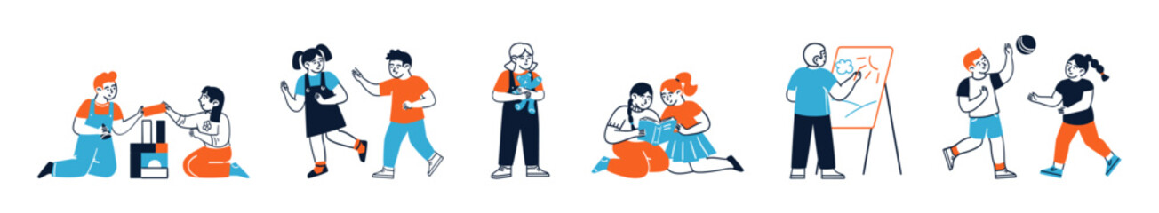 Isolated set of happy children characters enjoying kindergarten activity