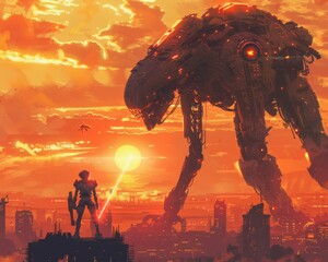Robotic warrior, dual laser cannons, standing off against a giant alien creature in a futuristic cityscape, golden hour lighting, realistic, lens flare
