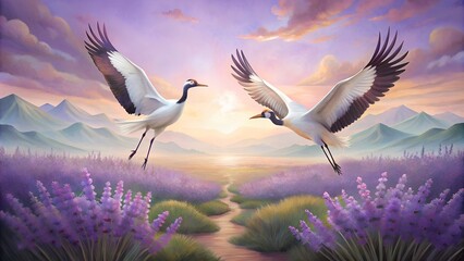 white crane flying in sky 1 - obrazy, fototapety, plakaty