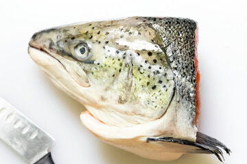 Salmon head on white cutting board background. 