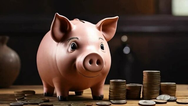 Piggy Bank with Stacks of Coins on Wooden Table