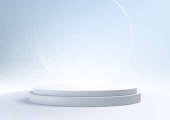 3D white podium stand with circle glass backdrop on blue sky background is perfect for modern interior concept product display mockups