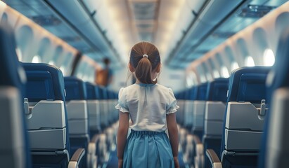 Young girl exploring airplane cabin on her first flight