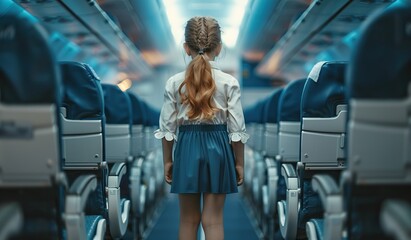 Young girl exploring airplane interior during flight