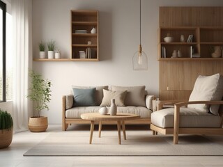 3D render of modern interior design mockup with natural wood