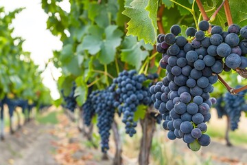 Fototapeta premium Grape vines sprawling under a clear sky, rich green colors, wideangle, midharvest scene