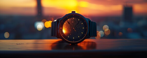 Solar-powered smartwatch, sleek and stylish, essential tech in daily life, urban environment charged by solar energy, realistic image, backlighting, chromatic aberration - obrazy, fototapety, plakaty
