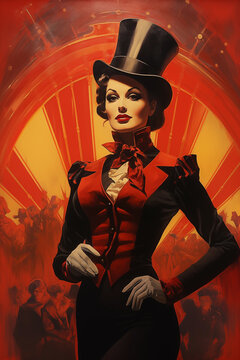ringmaster woman wearing red suit and top hat vintage circus painting
