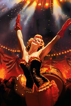 female performer ringmaster vintage circus nightclub painting with arms up