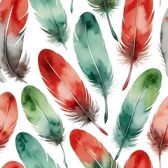 Seamless bird feather pattern with watercolor textured wing background elements in red and green