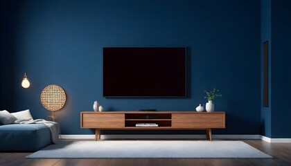 Living room with cabinet for tv on dark blue color wall background- 3D rendering - obrazy, fototapety, plakaty
