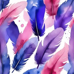 Seamless bird feather pattern with watercolor textured wing background elements in purple and pink