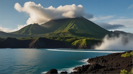 Fototapeta premium volcanic island with sea around ai generated
