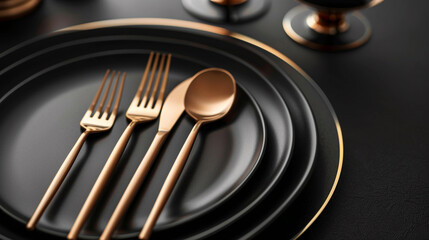 Black and golden cutlery, knife, spoons and fork with copy space over black background. AI.