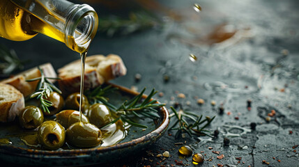 Pour olive oil over the olives and toasted bread in slow motion. AI. - obrazy, fototapety, plakaty