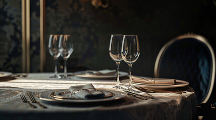 An exquisite table with wine glasses and silverware on a dark background. AI. - obrazy, fototapety, plakaty