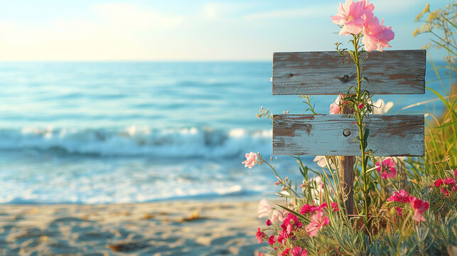 White and blue wooden sign on the beach with pink and white flowers on it. AI.