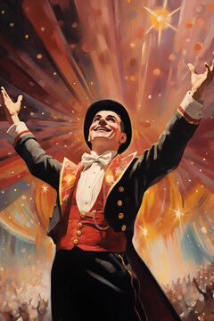 ringmaster with arms up wearing suit and hat vintage circus painting
