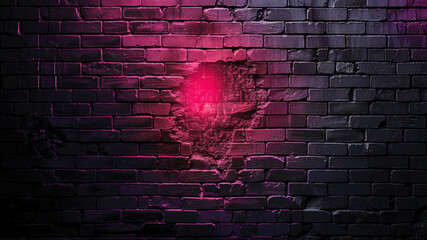 dark black brick wall, hole in the wall, red and magenta light coming out of it