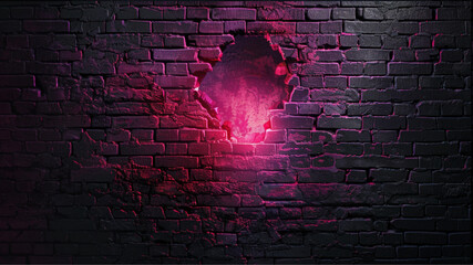 dark black brick wall, hole in the wall, red and magenta light coming out of it