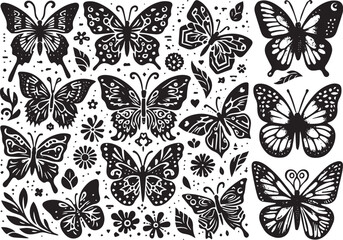 Obraz premium Butterflies seamless pattern. Black silhouettes on white background. Vector illustration.