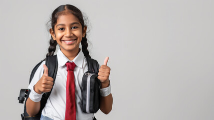  A cheerful Indian schoolgirl in uniform giving thumbs up, holding books and a bag, on a light grey background