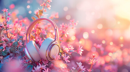 Creative and vibrant World Music Day background, featuring a wireless  headphones and beautiful...
