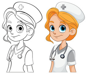 Colorful and line art nurse character drawings - 781864404