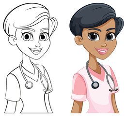 Colorful and outlined vector of two medical workers - 781864486