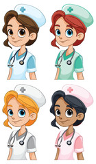 Four animated nurses with different ethnicities smiling.
