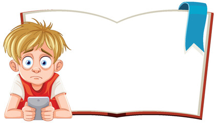 Cartoon boy looking tired with book and game