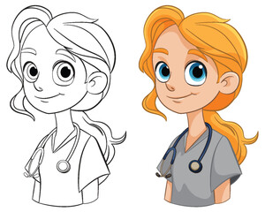 Colorful and line art illustrations of a female doctor