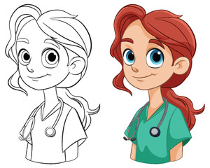 Colorful and line art illustrations of a female doctor - 781864650