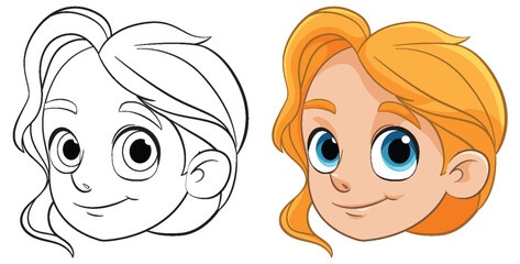 Black and white and colored cartoon girl faces - 781864667