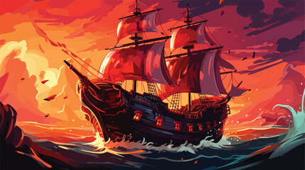 Pirate ship during battle in sea or ocean. Cartoon - obrazy, fototapety, plakaty