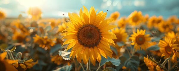 Sunflower Drone, Buzzing in the air, A bustling marketplace where everything is powered by the sun, Sunny weather, Realistic photography, Backlights, Vignette - obrazy, fototapety, plakaty