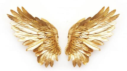 Golden angel wing isolated on white backgorund. Beautiful mythological wing. Gold design element. Divinity concept