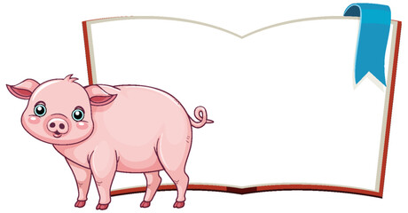 Adorable piglet standing beside a blank book