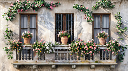 Fototapeta na wymiar Vintage Window Adorned with Colorful Flowers, a Touch of Natural Beauty Added to a Traditional Stone Facade