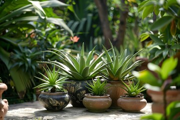 Serene Aloe Vera Garden There are plants arranged in clusters in pots.