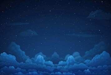 In the tranquil embrace of the night, a serene ethereal sky unfolds, adorned with rich blue clouds and a sprinkle of stars, casting a dreamlike spell upon the beholder.