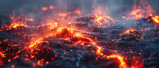 Volcano Eruption at Night, Fiery Lava and Smoke, Natural Disaster and Dramatic Landscape