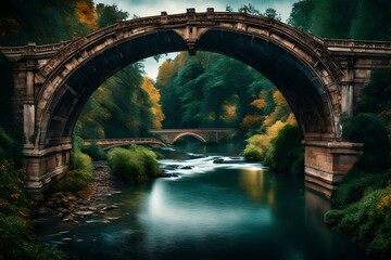 A panoramic shot of an arched bridge gracefully connecting riverbanks, the vibrant surroundings and architectural details presented in stunning - obrazy, fototapety, plakaty