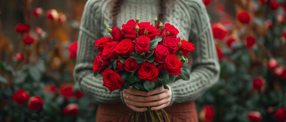 Obraz premium Woman in a cable-knit sweater holding a large bouquet of red roses. Generative AI
