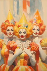 3 happy female clowns  orange and yellow vintage circus painting in big top - obrazy, fototapety, plakaty