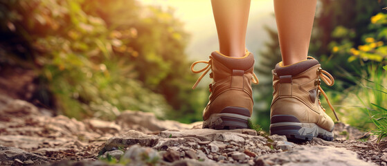 Close-up view of a hiker's brown boots on a rocky trail with sunlit foliage in the background. Travel banner with copy space. Generative AI - obrazy, fototapety, plakaty