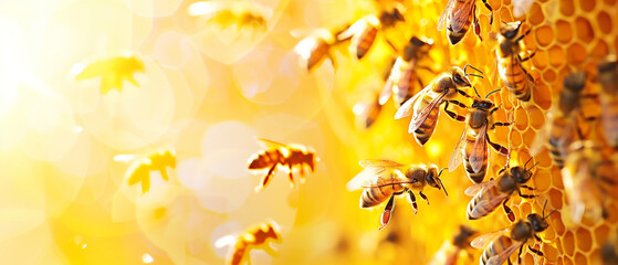 Banner with sunlit honey bees on golden honeycomb. Generative AI - obrazy, fototapety, plakaty