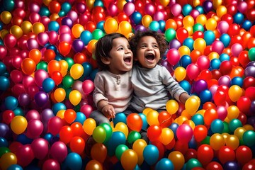 Fototapeta na wymiar A heartwarming scene of a young child surrounded by a burst of multicolored balloons, their joyful expressions mirrored in the vibrant hues, all captured in stunning