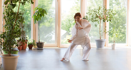 Young Woman praticing tai chi chuan in the gym. Chinese management skill Qi's energy. banner. copy...